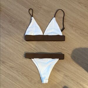 Everie Swim White and Brown Triangle Bikini Set